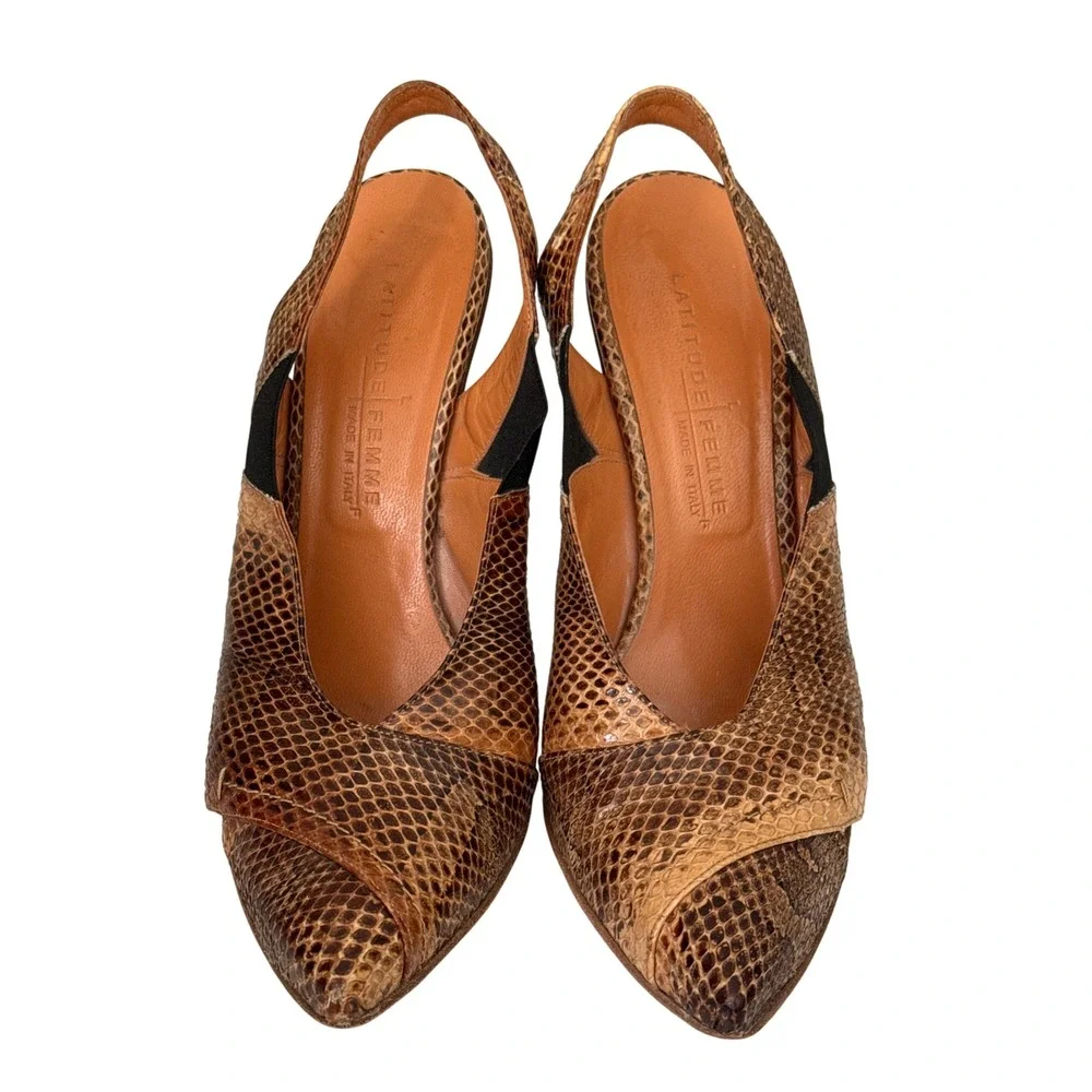 Latitude Femme Snake Leather Slingback Heels Made in Italy Pointed Toe EU 38.5 8
